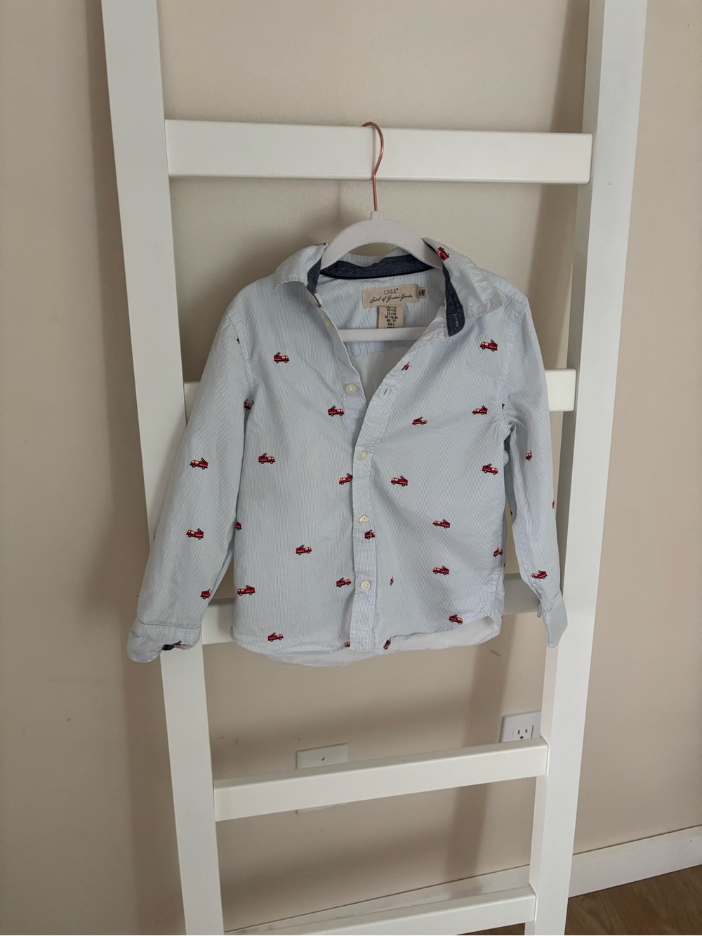 Light Blue Button-Down Shirt with Red Car Embroidery - Kids
